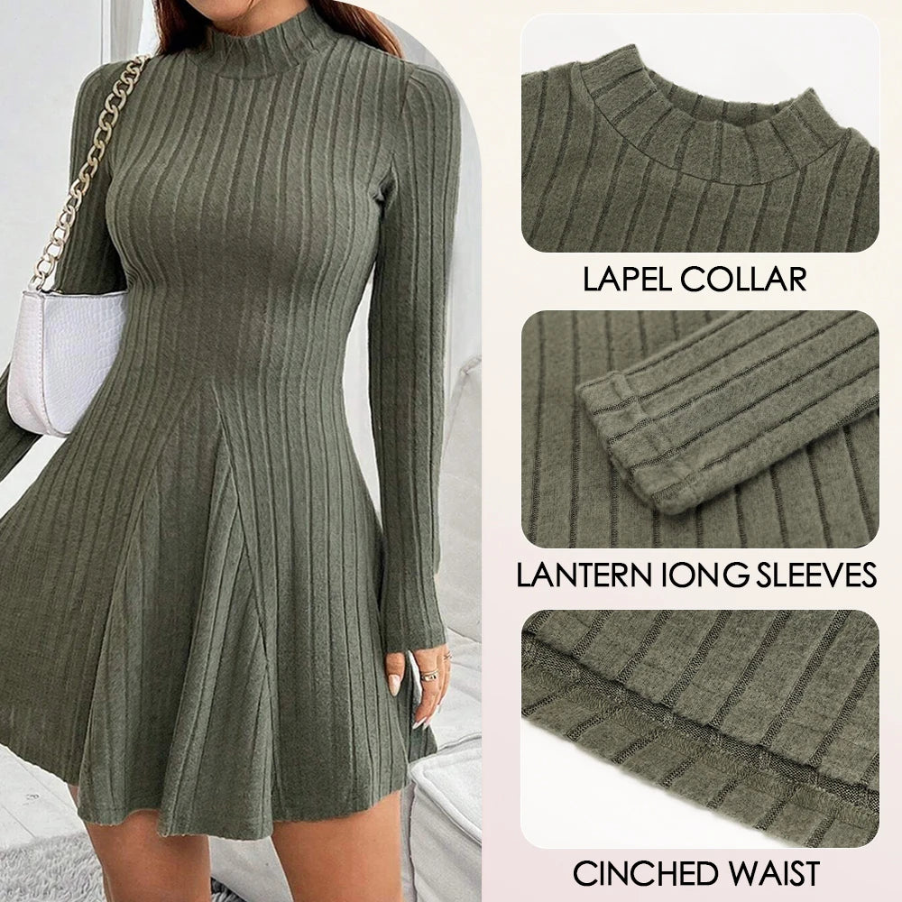 Elegantes Damenkleid mit Stehkragen – A-Linien-Schnitt & lange Ärmel